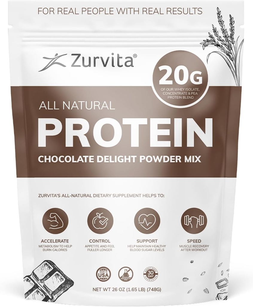 Zurvita - Chocolate Delight Protein Powder - 20g Protein, Probiotics, 24+ Vitamins and Minerals - No Artificial Sweeteners - 26oz (20 Servings)