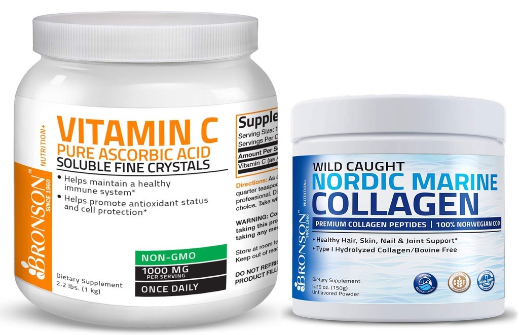 Bronson Marine Collagen Peptides Hydrolysed Protein Powder 100% Wild Caught Nordic Cod Vitamine C Poudre Acide ascorbique pur Soluble Fine Cristaux non OGM