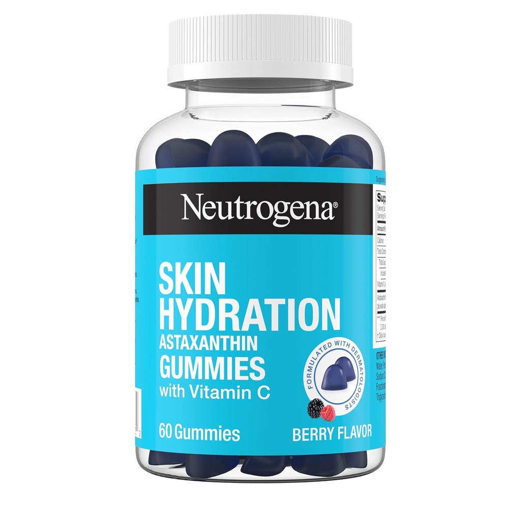Neutrogena Hydratation de la peau Astaxanthine Gommies avec vitamine C, Suppléments de soins de la peau pour la peau hydratée, lisse et saine, Gummies antioxydantes quotidiennes pour la santé de la peau, Berry Flavor, 60 ct