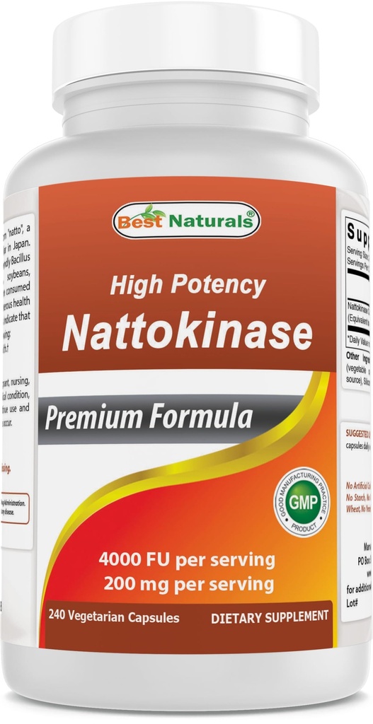 Best Naturals High Potency Nattokinase 4000 FU Par portion/ 200 mg par portion, 240 Capsules de Végétaraïne. Non OGM, sans gluten.