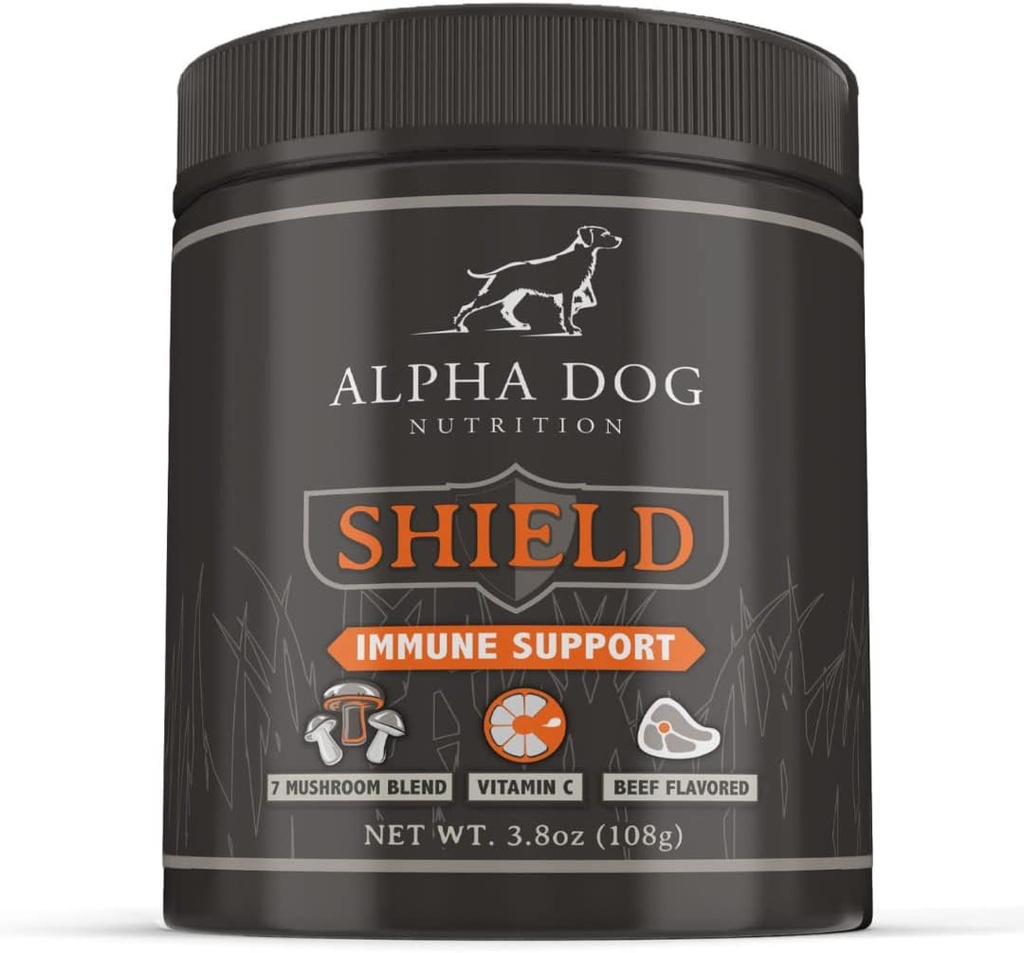 Bouclier Allergy Immune Support Supplément pour chiens par Alpha Dog Nutrition - 7 Complexe de Poudre de Champignon Nutritionnel + Vitamine C pour stimuler l'immunité - Jusqu'à 120 portions pour petits chiens, 108g