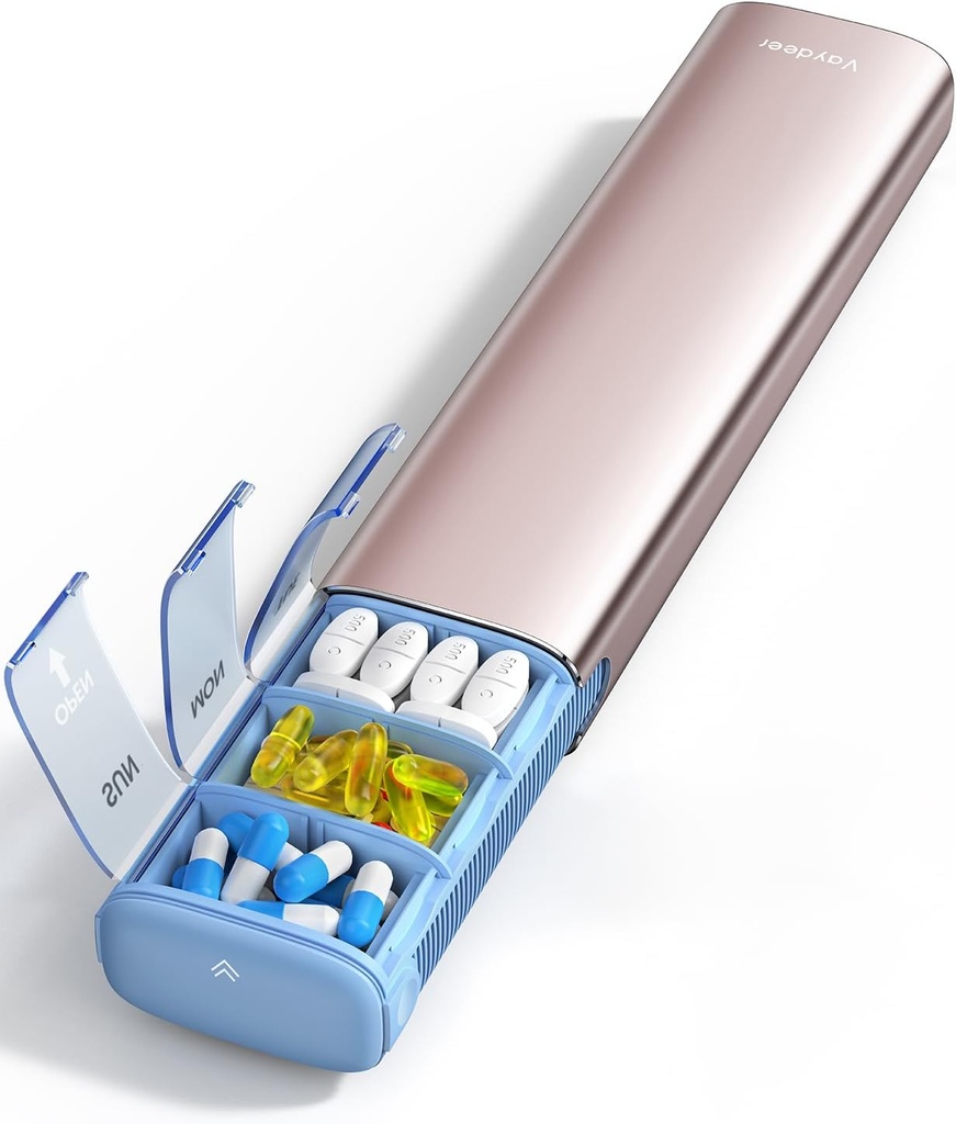 Vaydeer 7 jours organisateur hebdomadaire de pilules, cas de pilule de voyage en métal, grande capacité boîte quotidienne de pilules mignons pour suppléments, pilules, vitamines et médicaments (rose or)