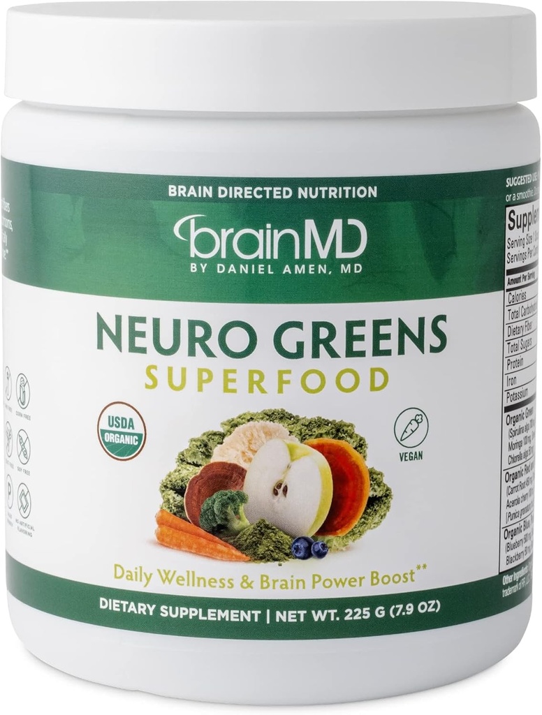 BRAINMD Dr Amen Neuro Greens Superfood - 7,9 oz - Soutient le bien-être, la digestion et la santé du cerveau - Sans gluten - 30 portions