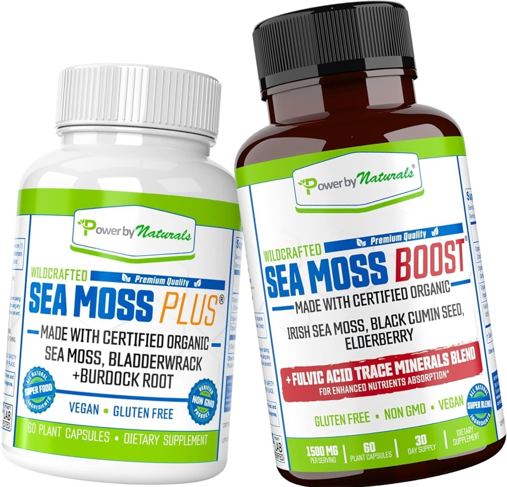 Power By Naturals Certified Sea Moss Capsules Bundle (SeaMoss Plus & Sea Moss Boost) - Wildcrafted, Non OGM Sea Moss cru Organic - 60 pilules sans gluten