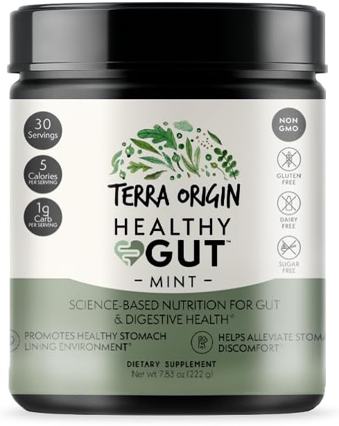 ORIGINE TERRA Saveur de menthe saine de Gut de 30 portions avec L-Glutamine, Zinc, Glucosamine, Slippery Elm Bark, Marshmallow Root et plus!