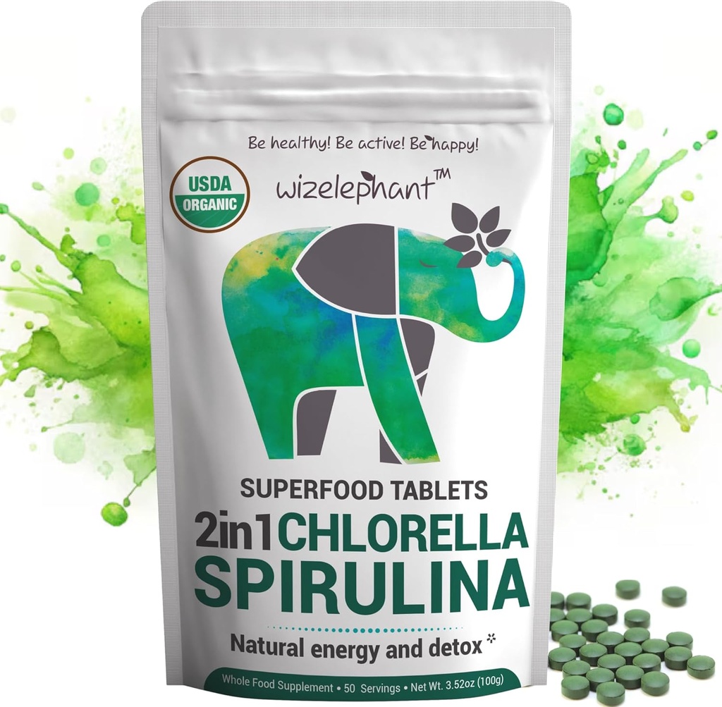 Comprimés de Chlorella Spiruline Biologique - 50 portions - 2-en-1 Superfood Algae Supplément pour le soutien naturel immunitaire, la désintoxication et l'énergie boost. Chlorophylle organique. Espiruline