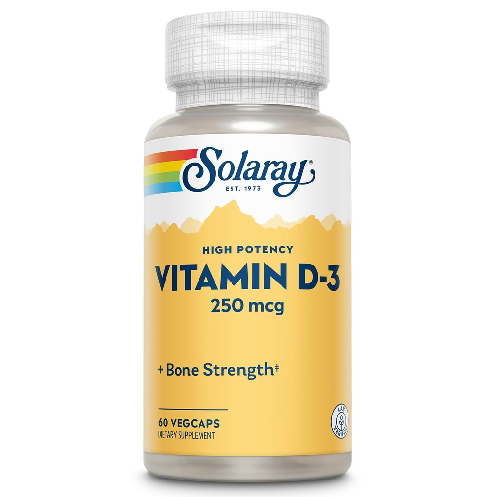 SOLARAY Vitamine D3 10000UI (250 mcg) - Vitamine D de haute puissance - avec VIT D3 comme Cholecalciferol - Bons forts et supplément de soutien immunitaire - Garantie de 60 jours, 60 portions, 60 capsules de légumes