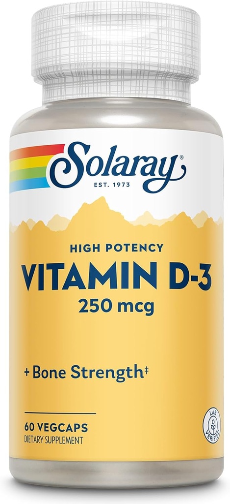 SOLARAY Vitamine D3 10000UI (250 mcg) - Vitamine D de haute puissance - avec VIT D3 comme Cholecalciferol - Bons forts et supplément de soutien immunitaire - Garantie de 60 jours, 60 portions, 60 capsules de légumes