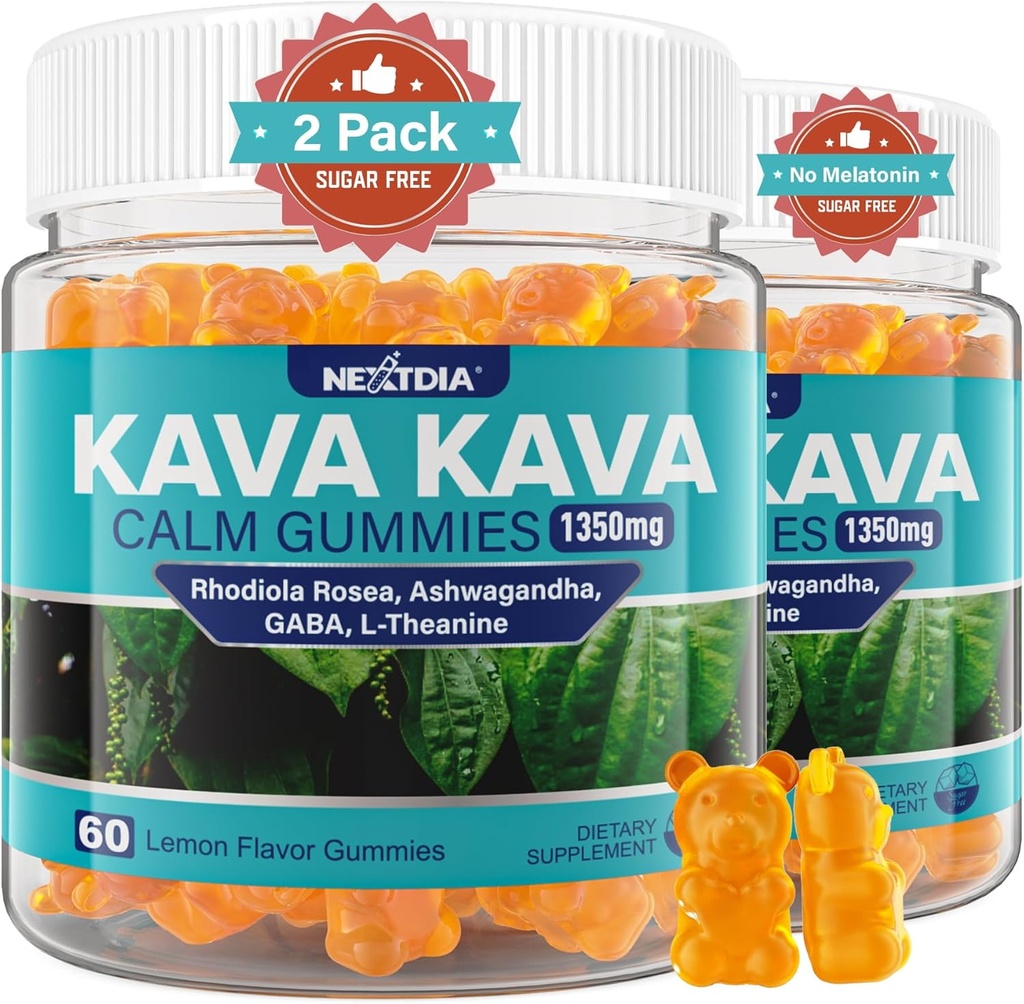 Gommies Kava Kava, sans sucre Gommies calmes w/Rhodiola Rosea, Ashwagandha, L-Theanine, GABA, mélange Kava sans mélatonine pour la relaxation, calme et focus - Alternative aux capsules de poudre de Kava, végétalien 120 Ct