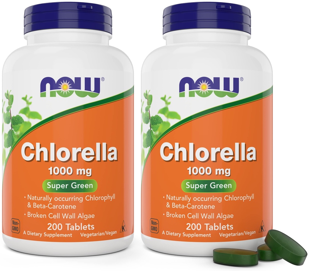Chlorella 1000mg Comprimés - 200 Compte (paquet de 2) - Chlorophylle naturelle, bêta-carotène - Non-OGM, végétalien - Supplément alimentaire vert pour les femmes et les hommes