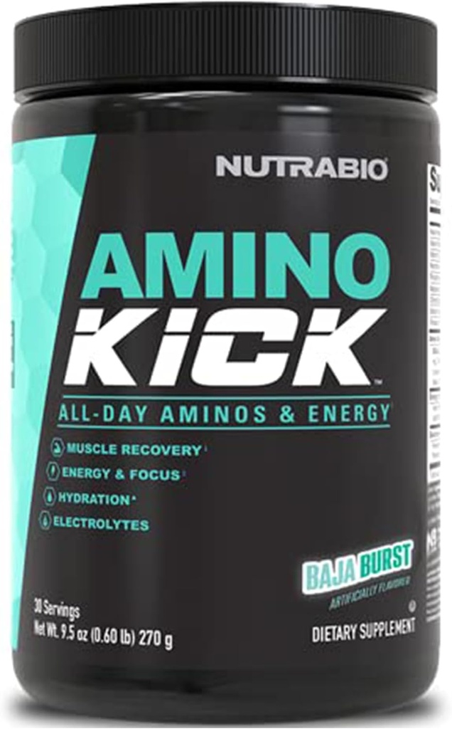 NutraBio Amino Kick – BCAA poudre avec caféine naturelle – Supplément acides aminés pour l'énergie, l'hydratation et la récupération – BCAA, électrolytes et acides aminés – Baja Burst, 30 portions