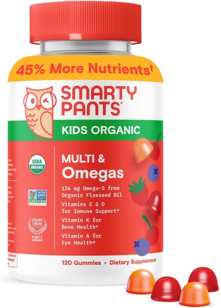 SmartyPants Organic Kids Multivitamine Gummies: Omega 3 (ALA), Vitamine D3, C, Vitamine B12, B6, A, K & Zinc pour le soutien immunitaire, Biotine, Végétarien, Trois arômes de fruits, 120 Compte (30 jours)