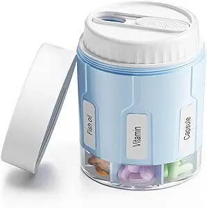 Daviky Pill Bottle Organizer, Supplement Organizer with 7 Large Compartments, Travel Pill Dispenser Round Pill Box with Two Lids（Blue）