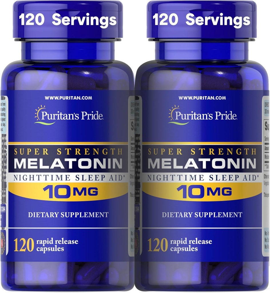 Puritan's Pride Premium Super Strength Melatonin 10mg aide au sommeil, complément alimentaire pour le soutien du sommeil sain, repos et plus long, 4 mois d'approvisionnement, 120 capsules à libération rapide, 2 packs (emballage mai Varier)