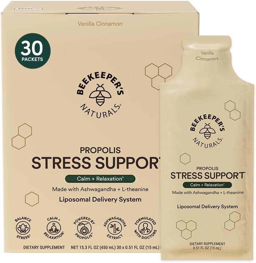 Ashwagandha Soutien au stress liposomique par Beekeeper's Naturals, 600mg avec propolis, L-Theanine, Anti-Stress Support pour le calme et la détente, 30ct