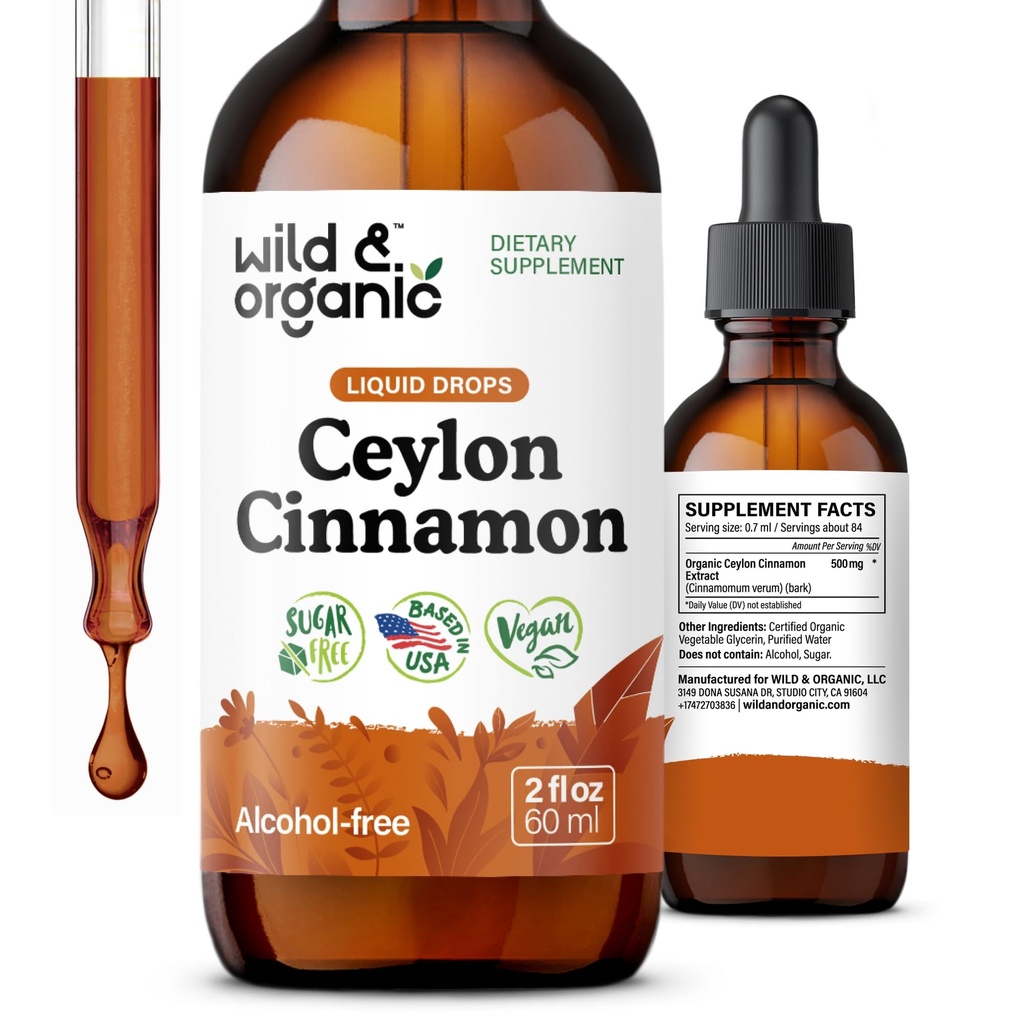 Wild & Organic Ceylan Extrait de cannelle gouttes liquides 500mg - Suppléments de cannelle liquide pour le soutien global - Teinture d'écorce de cinnamomum verique - végétalien, sans sucre et sans alcool, non-OGM - 2 fl oz