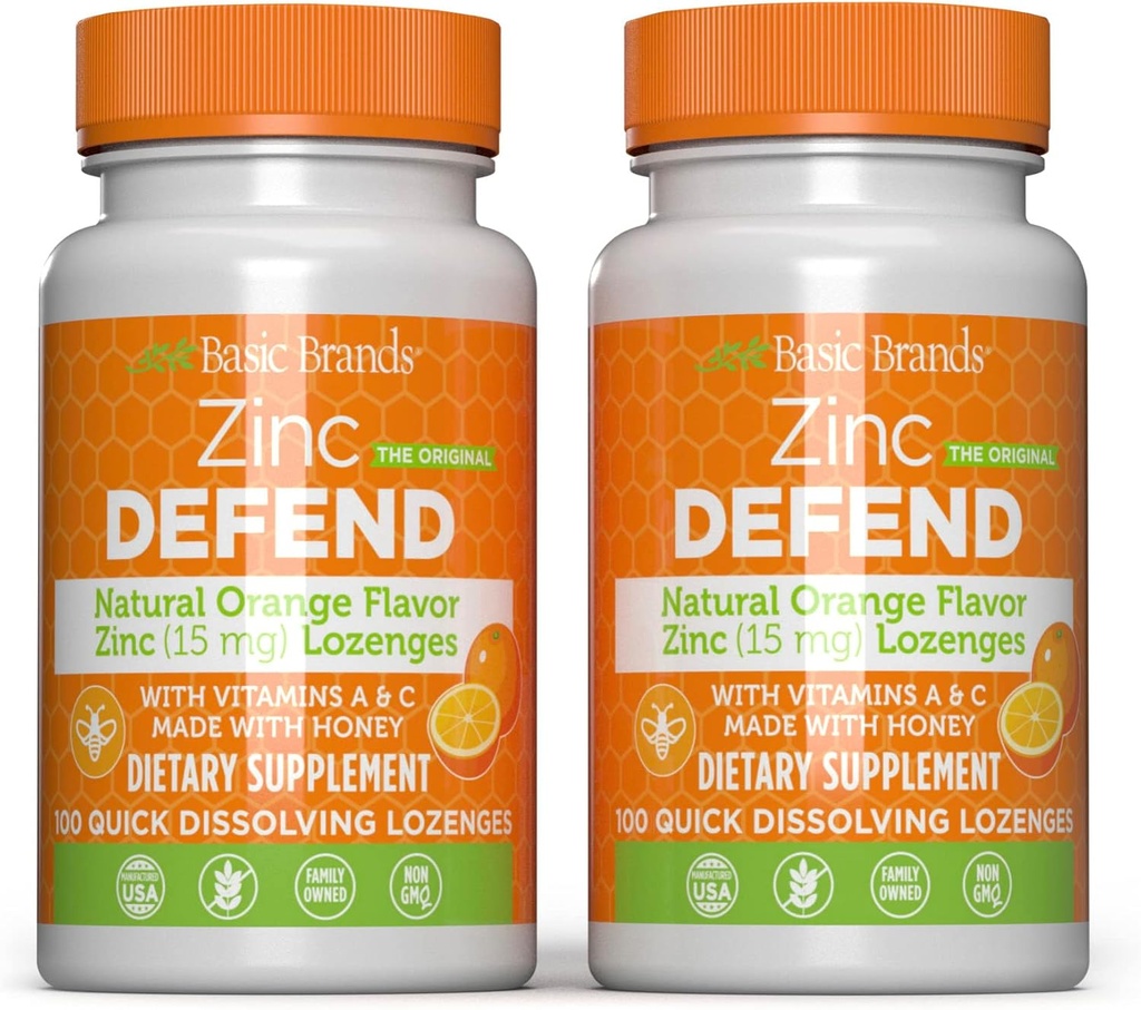 Marques de base – Zinc Orange Defend - 100 Lozenges - Naturel Orange Saveur Zinc–Lozenges - Immune Boost, Cold Relief, Non-OGM, Zinc Acétate et Vitamine C - 2-Pack