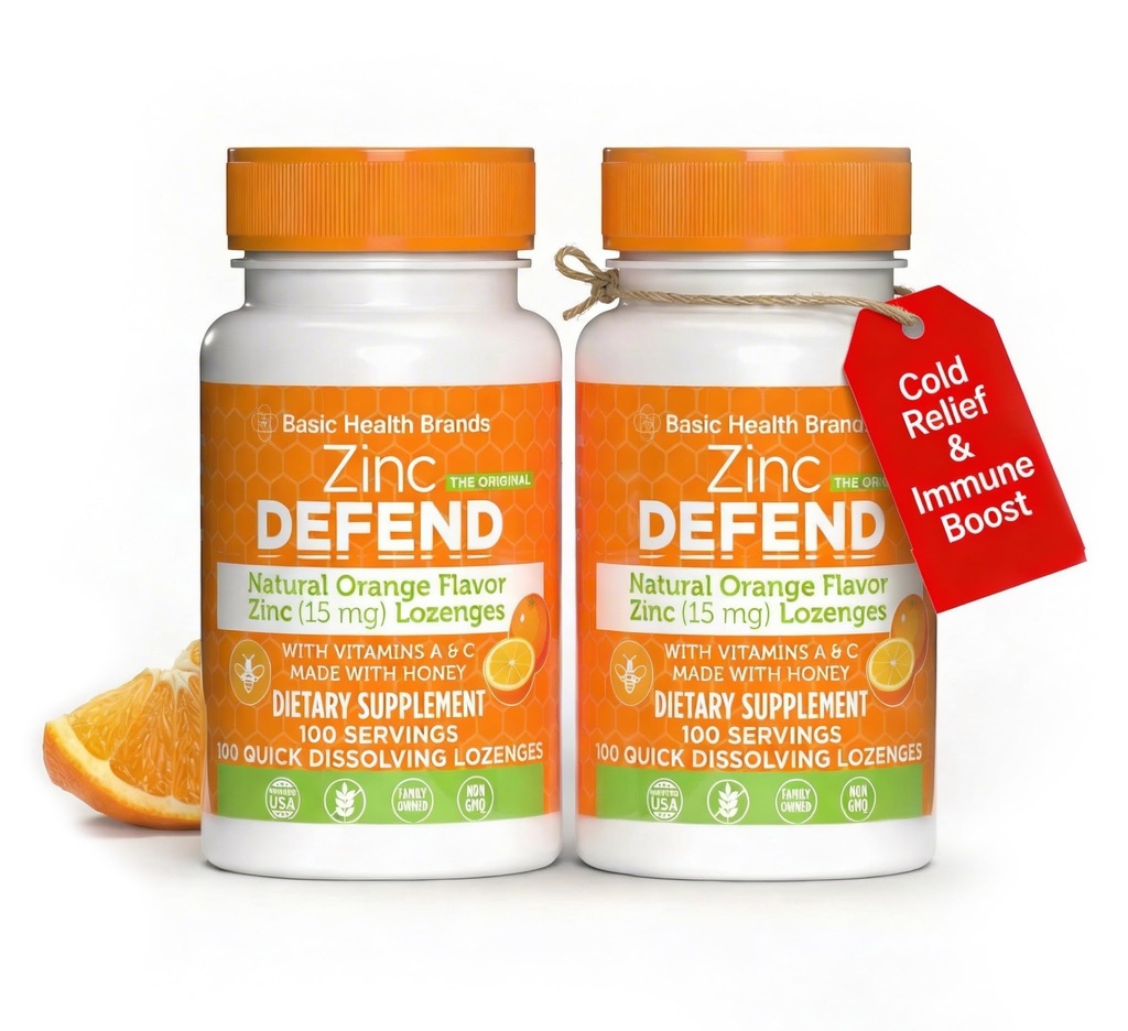 Marques de base – Zinc Orange Defend - 100 Lozenges - Naturel Orange Saveur Zinc–Lozenges - Immune Boost, Cold Relief, Non-OGM, Zinc Acétate et Vitamine C - 2-Pack