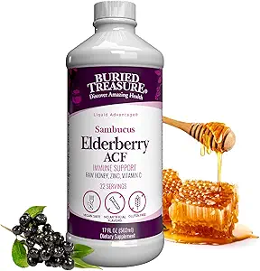 Treasure enseveli Elderberry ACF avec 4 000 mg de Sambucus Elderberry Concentré de fruits entiers, vitamine C plus crème locale crue miel liquide 16 oz