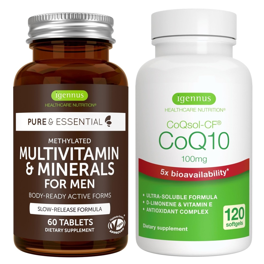 Multivitamine et minéraux pour les hommes + haute absorption CoQ10 100mg 120 Softgels Energy Bundle, libération prolongée Multivitamine avancée + CoQ10 avec vitamine E et D-Limonène, par Igennus