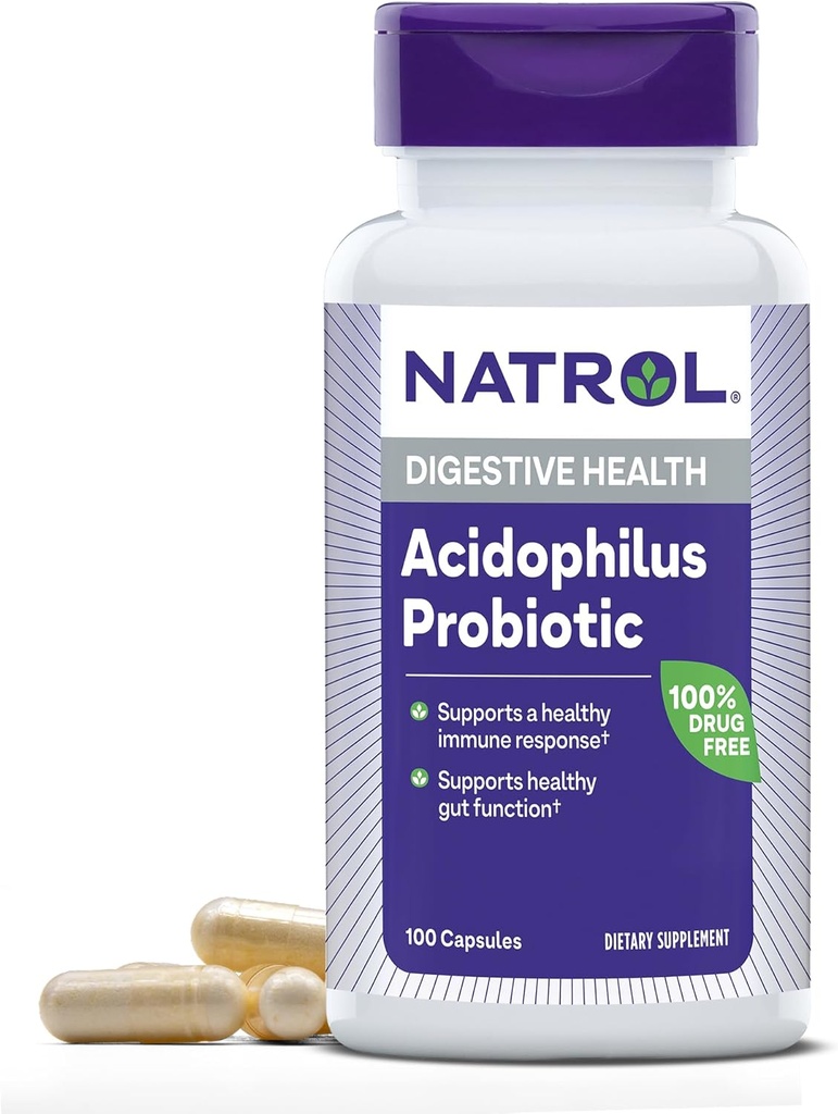 Natrol Acidophilus Probiotic 100 mg, Dietary Supplement for Healthy Gut Function, Digestive Health Capsules for Adults, 100 Capsules, Up to a 33 Day Supply