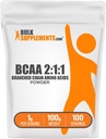 BulkSupplements.com BCAA 2:1:1 Poudre - Acides aminés à chaîne ramifiée, BCAAs Acides aminés Poudre - Sans aromatisants et sans gluten, 1g par portion, 100g (3.5 oz) (paquet de 1)
