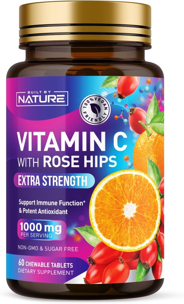 Construit par la nature Vitamine C à croquer avec Rose HIPS - 1000mg Supplément de support immunitaire - Non-OGM, sans gluten, végétalien - puissant antioxydant pour l'énergie et le collagène Boost - Arôme orange – 60 comprimés