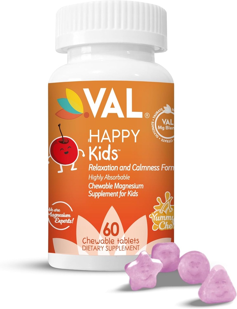 Magnésium VAL pour les enfants de haute absorption Magnésium pour calme, relaxation et focus de Mg Glycinate, Citrate et Taurate de vitamine B6, D & C de D & C de 60 comprimés à croquer