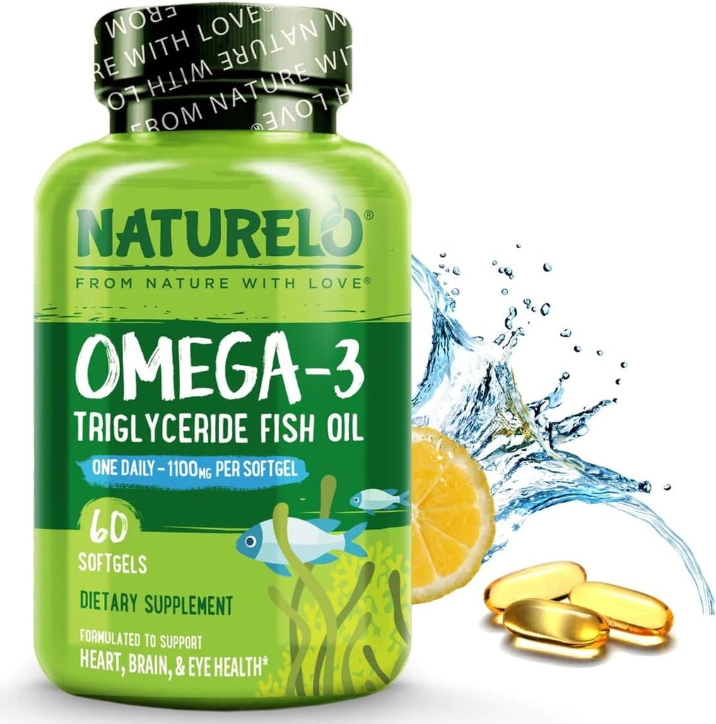 NATURELO Omega 3 supplément huile de poisson sans Burpless - 1100mg Triglycéride Omega-3, EPA + DHA, huile de poisson liquide pour le cœur, l'oeil, le cerveau, la santé articulaire - 60 Softgels, 2 mois d'approvisionnement
