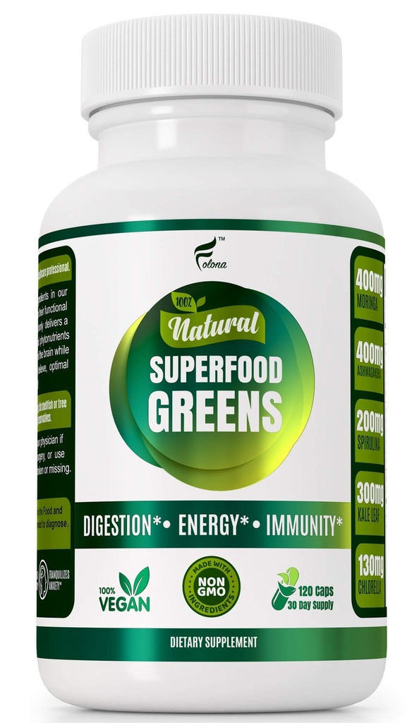 Capsules Vegan Super Greens bio avec Ashwagandha - Immmune Support avec tous les nutriments naturels entiers Chlorella, Moringa, Spiruline, Turmeric, Kale. Améliorer la digestion, stimuler l'énergie - Détox Pills
