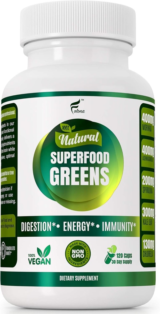 Capsules Vegan Super Greens bio avec Ashwagandha - Immmune Support avec tous les nutriments naturels entiers Chlorella, Moringa, Spiruline, Turmeric, Kale. Améliorer la digestion, stimuler l'énergie - Détox Pills