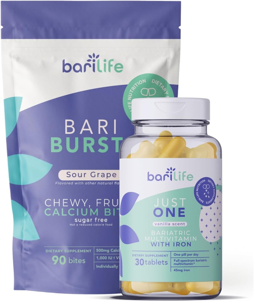 Bari Life Juste un, une fois par jour bariatrique multivitamine avec du fer (30 comprimés) et BariBurst Calcium Citrate doux Chews pour le pont gastrique, manches gastriques et interrupteur duodenal (Sour Raisin)
