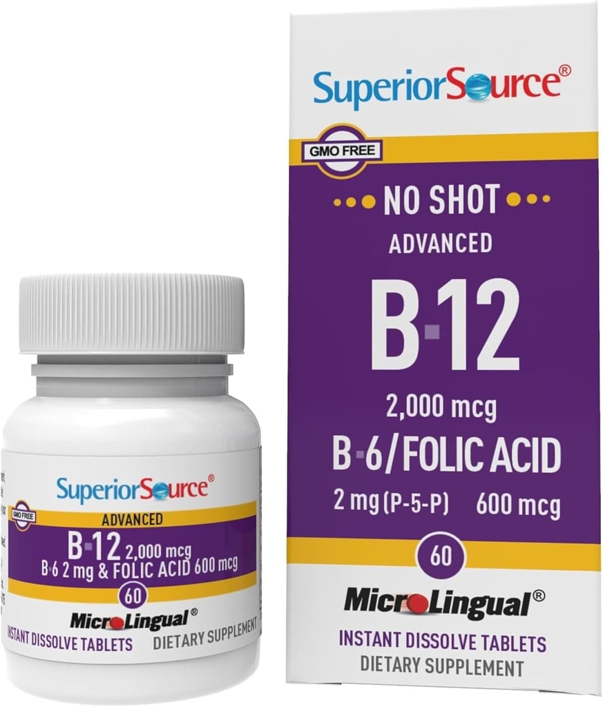 Superior Source NO Shot Advanced B-12 2 000 mcg B-6 / Folic Acid 600 mcg - Folic Acid for Women & Men - B Vitamines supplément soutient l'énergie et la santé cellulaire - 60 comprimés de dissolution sublinguale