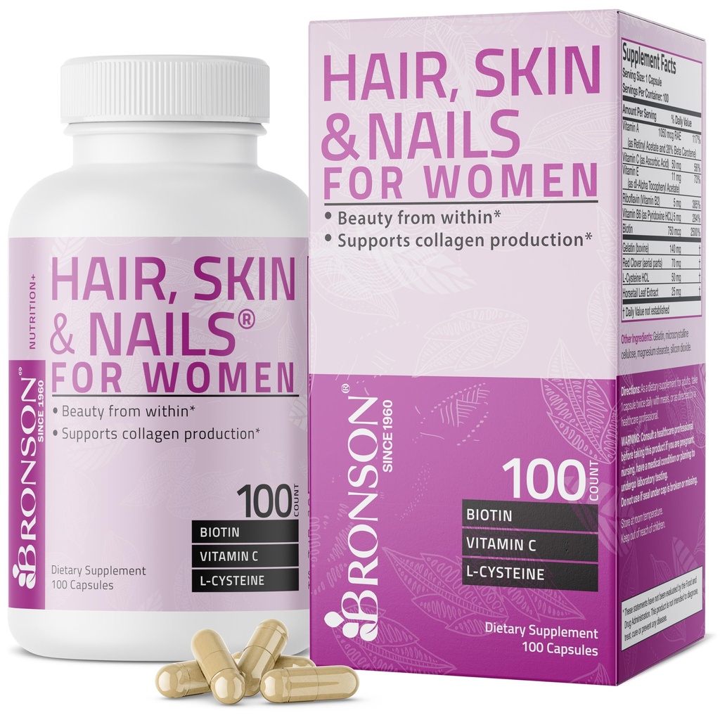Bronson cheveux, peau et ongles avec biotine supplément de vitamine extra-résistance pour les femmes, 100 capsules