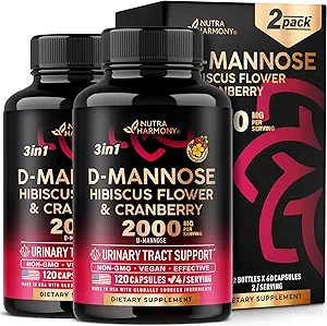 D-Mannose 2000mg avec canneberge 500mg et Hibiscus - La force testée cliniquement pour la santé urinaire - Supplément pour les femmes - Soutien de la vésicule, du foie et de la microflore - Fabriqué aux États-Unis - Vegan, Pack de 2