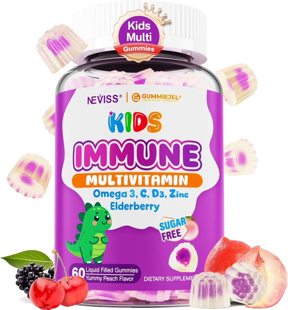 Kids Multivitamin + Immune Support Gummies, Vitamin C D3 & Zinc, Omega-3, A, E, Elderberry, Kids Vitamin Gummies for Healthy Development, Immunity, Bone Growth & Eye Health, Sugar Free, 60 Cts