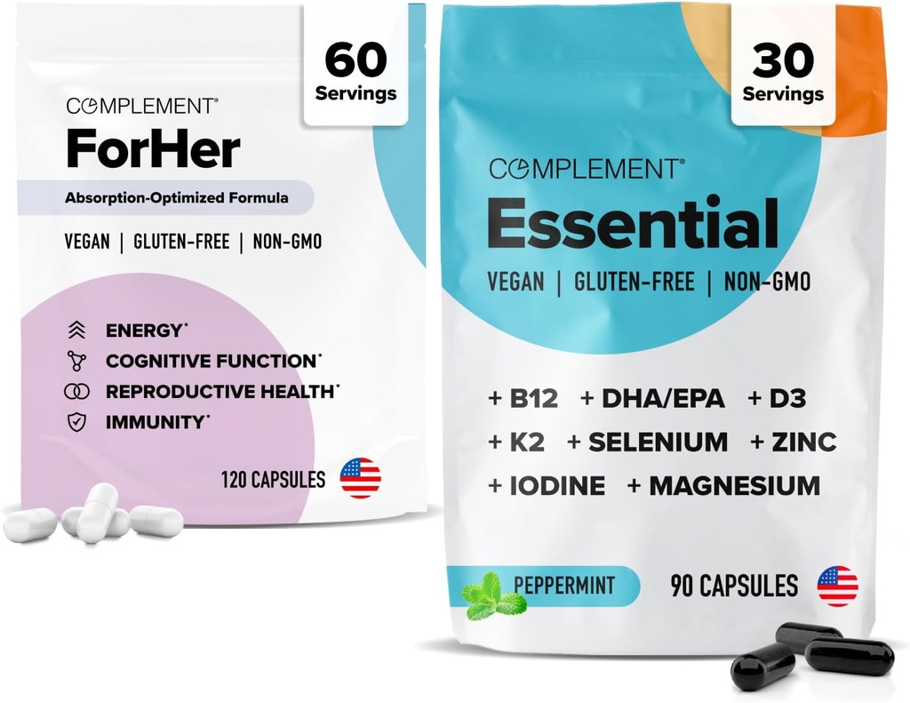 Complement ForHer & Essential Vegan Multivitamin Bundle – 30-Day Women’s Wellness Support with Omega 3, B12, D3, Iron, Folate & More – Energy, Immunity & Hormonal Balance