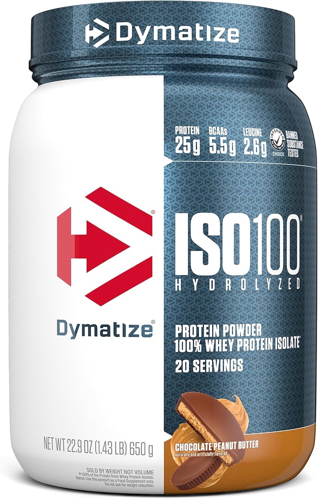 Dymatiser la poudre de protéines de lactosérum ISO100, beurre d'arachide au chocolat, 25g de protéines, 5,5g BCAA, moins de 120cal, sans gluten, 1g de gras, 1g de sucre, 2g de glucides (20 portions)