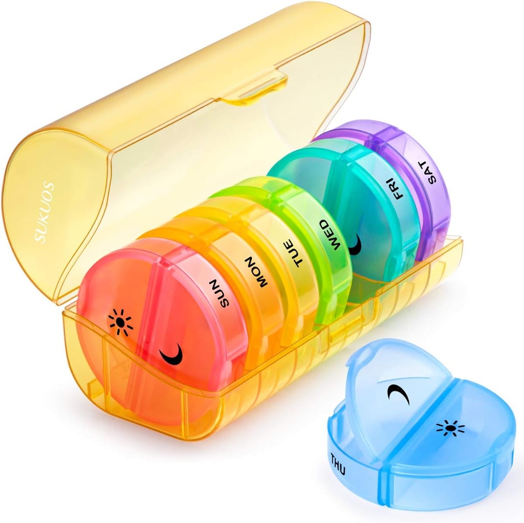 Sukuos Large Weekly Pill Organizer 2 fois par jour, quotidien Pill Box 7 Day Facile à ouvrir avec double protection, AM PM Pill Case pour la médecine/vitamine/huile de poisson/Suppléments (jaune)