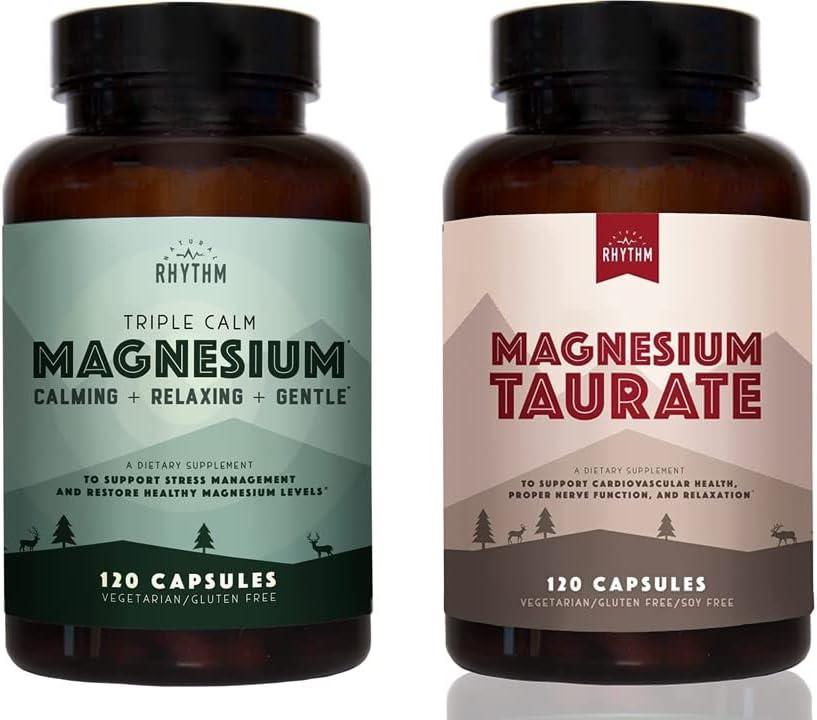 Rhythme naturel Jour et nuit - Triple Calme Magnésium 150mg, 120 Capsules + Magnésium Taurat 750mg (150mg de Magnésium élémentaire) 120 Capsules