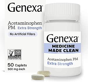 Genexa Acétaminophène propre PM 500mg Extra Strength, Tee Free Pain Reliever, Aide au sommeil nocturne, Réducteur de fièvre, 0% Additifs artificiels, Soulage Céphalées, Mal de dos, Douleur d'arthrite mineure, 50 comprimés