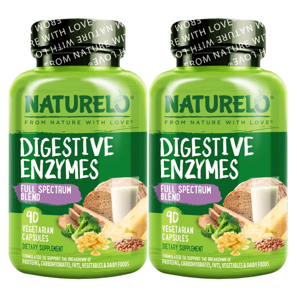 NATURELO Enzymes digestifs - Support plein spectre avec un mélange large de 15 Enzymes Plus Ginger - 90 Capsules Vegan (Pack de 2)