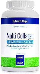 Nutri-Align Multi Collagène , 120 Capsules de Peptides de Collagène - 600mg Collagène de Bovin et 400mg Collagène marin par service , Collagène pour femmes cheveux, peau et ongles avec vitamines et acides aminés , sans sucre
