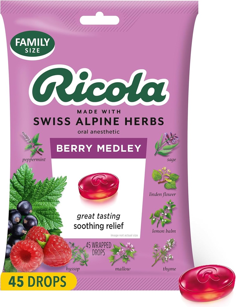 Ricola Berry Medley Throat Drops, 45 Comte, Delicious Throat Relief & Care, Anesthésie orale, naturellement aromatisée