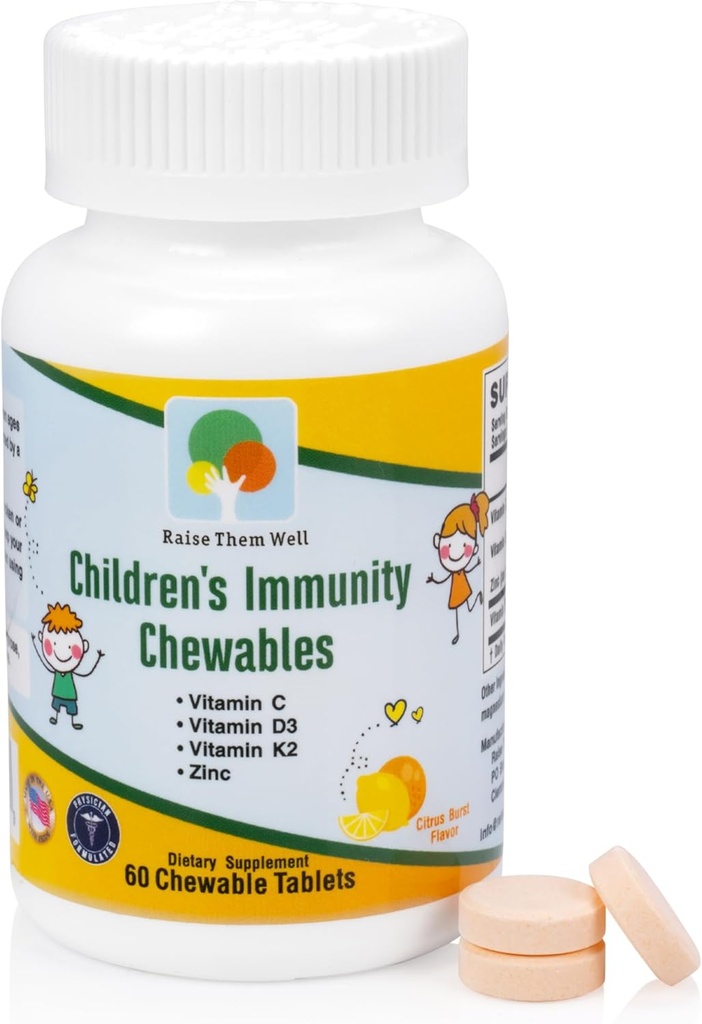 Élevez-les bien enfants Vitamine C & Immune Support, Citrus Chewables pour les enfants, Natural Immune Booster avec Zinc & Elderberry + Enfants Vitamine PDF, Doctor Formulé, 60 comprimés savoureux