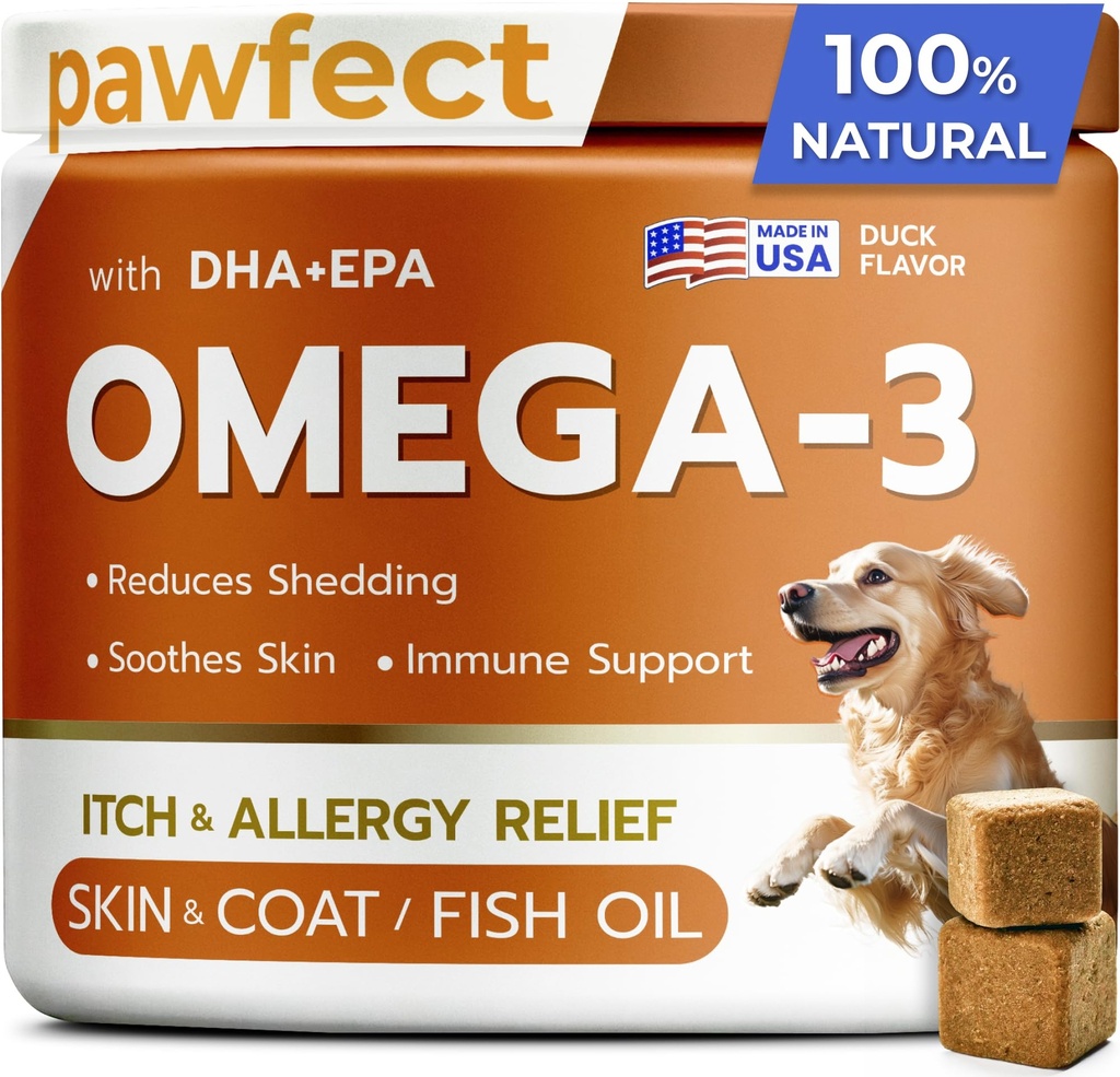 PAWFECTCHEW Huile de poisson Omega 3 pour chiens - Allergie - Hygiène articulaire - Démangeaison, Démangeaison - Supplément de peau et de manteau - Huile de saumon de l'Alaska Chews - Omega 3 6 9 - Acides gras de l'EPA et du DHA