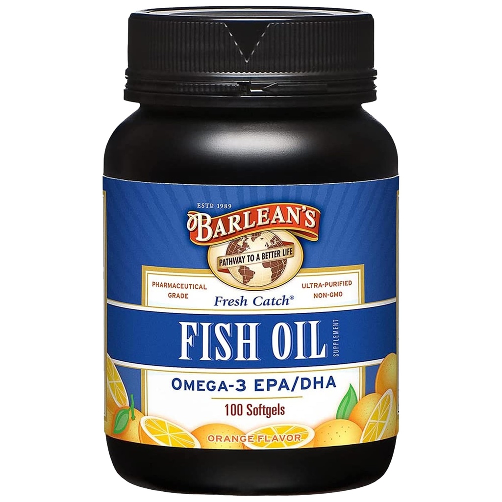 Barlean's Omega 3 Suppléments à l'huile de poisson, softgels supplémentaires pour les hommes et les femmes, 600mg EPA et DHA acides gras, aromatisé orange, 100 Compte