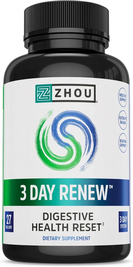 Zhou 3 Jours Renouveler - Probiotiques pour la santé digestive, Probiotiques pour les hommes et les femmes, Gut Health & Natural Reset Support Supplément avec Ginger et Aloe - 27 Veg Caps