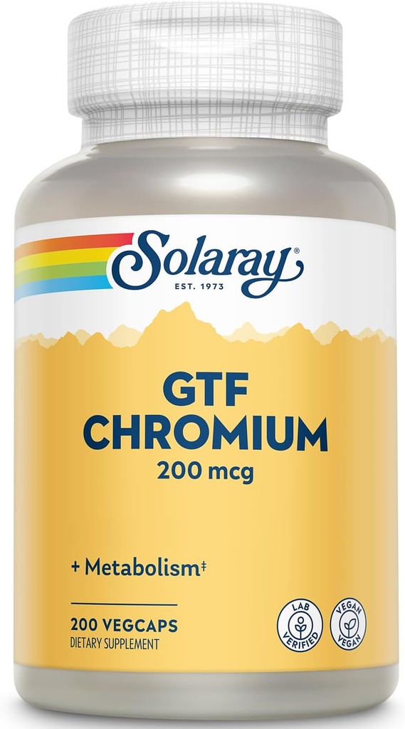 Solaray GTF Chrome 200mcg - Pure Chrome GTF 200 mcg Supplément, soutient la fonction métabolique et la santé du corps entier pour les hommes et les femmes - 200 Capsules Vegan