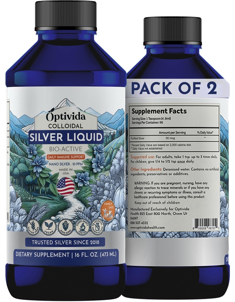 Colloidal Silver Liquid 10 PPM, Nano Silver Liquid Water Drops - 16oz, 2 PK